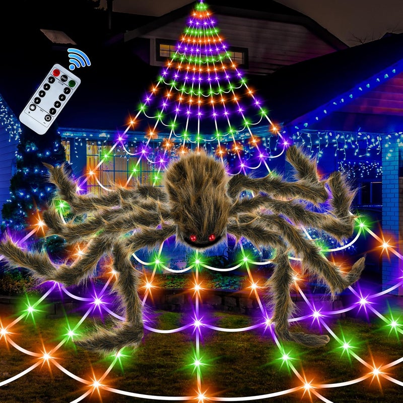 Seifar Halloween Spider Web Lights Giant Spider, 16.4Ft 450 LED Lighted Spider Web with with 8 Lighting Modes Waterproof & Timer for Indoor Outdoor House Haunted Yard Decor, Purple &Orange &Green - Image 1